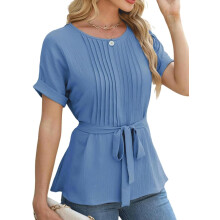 Blusa de Mujer con Volantes, Manga Corta, Azul, Talla L