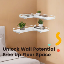 Set of 2 Floating L-Shaped Corner Shelves - Wood - Cloud White - Industrial Style