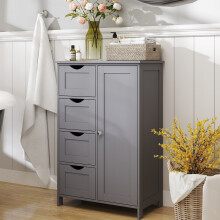 Bathroom Floor Storage Cabinet - Wood - Cloud White - Freestanding with 4 Drawers and 1 Door