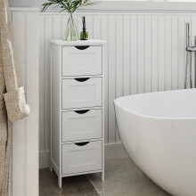 Freestanding Storage Cabinet - Wooden - White - Slim Design with 4 Drawers