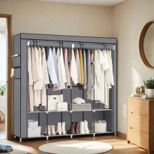 Portable Closet - Fabric - Grey - 4 Hanging Rods, Shelves, and Cover