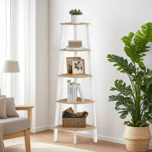 Corner Ladder Shelf - Wood - Natural Oak and Matte White - 5-Tier Industrial Style