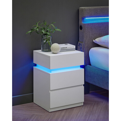 Bedside Table - Wood - Cloud White - Modern Design with LED Lights and 3 Drawers 1