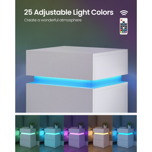 Bedside Table - Wood - Cloud White - Modern Design with LED Lights and 3 Drawers 2