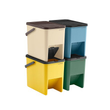 Set of 4 Stackable Recycling Bins - Plastic - Beige and Green - 20L Each with Press-to-Open Lids and Waste Separation System