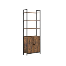 7-Tier Bookcase - Wood and Metal - Rustic Brown and Ink Black - Adjustable Shelves with Door