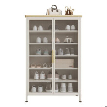 Armoire à chaussures - SEVEN COMFORT - Blanc crème - Portes verre ondulé - Étagères modulables - Plateau imitation bois