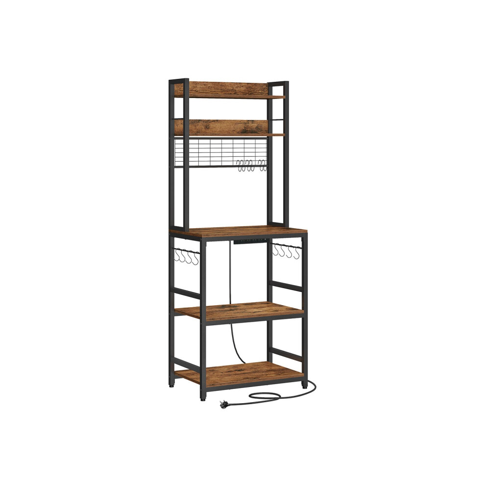 VASAGLE Kitchen Storage Rack with Power Outlet, 14 Hooks, Steel Frame | Baker's Rack for Microwave, with Metal Wire Panel, 60 x 40 x 171 cm, Rustic Brown and Black, BARNET Collection KKS037B21 - Image 3