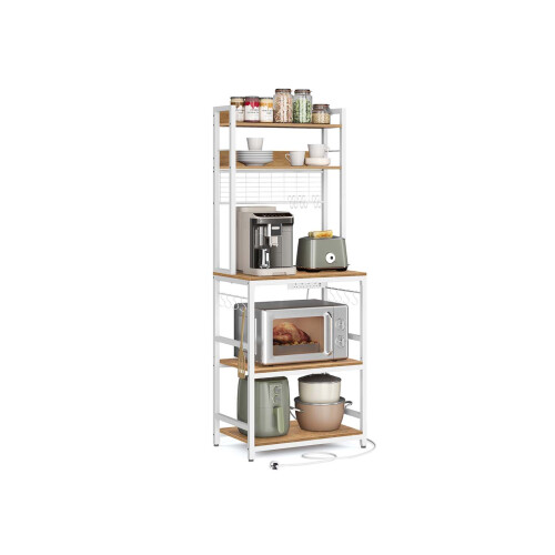 Kitchen Storage Rack - Steel Frame - Rustic Walnut and White - Power Outlet and 14 Hooks