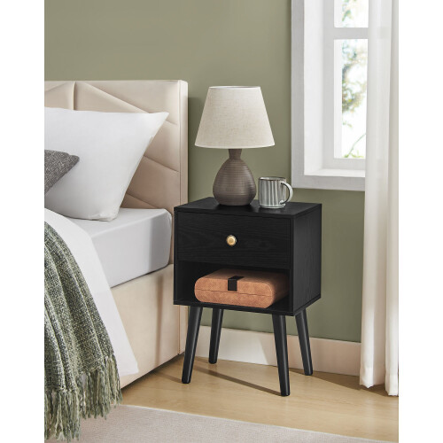Bedside Table - Solid Wood - Ebony Black - Storage Drawer and Open Shelf 1