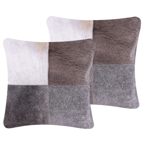 Beliani Set of 2 Decorative Cushions NELLAD Leather 45 x 45 cm Grey Patchwork