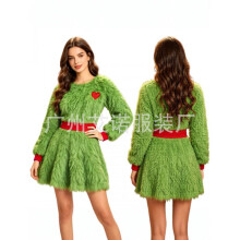(green, S) 2026 New Halloween Green Plush Contrast Dress Elf Costume Cosplay Outfit