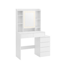 Dressing Table - Wood - Cloud White - LED Lights, Adjustable Brightness, Drawers, Mirror, Open Compartments