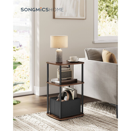 Side Table - Steel Frame - Ebony Walnut - 3 Storage Shelves with Fabric Basket 1