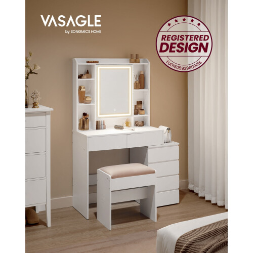 Dressing Table - Wood - Cloud White - LED Lights, Adjustable Brightness, Drawers, Mirror, Open Compartments 1