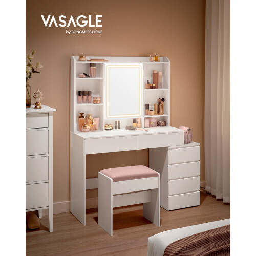 Dressing Table - Engineered Wood - Cloud White - LED Lights with Adjustable Brightness and Drawers 1