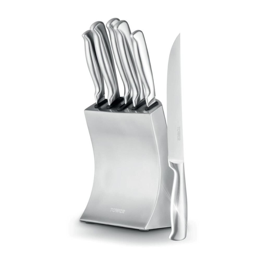 Tower Core 5 Piece Knife Set With Weighted Steel Block, High Grade Polished Stainless Steel, Fine Edge Precision Blades, Stainless Steel, T81537ss