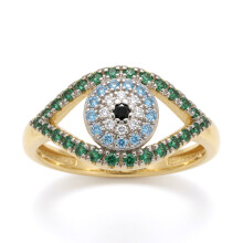 (P) Jewelco London 14k Gold-plated Silver Green Blue Black CZ Anti Envy Evil Eye Cluster Ring - ARN197