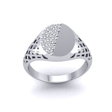 (Z) Jewelco London Mens Platinum Plated Sterling Silver CZ Basket Weave Semi Pave Encrusted Round Signet Ring - GVR943