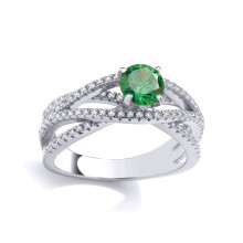 (N) Jewelco London Ladies Rhodium Plated Sterling Silver Green CZ Split Overlap Crossover Solitaire Cocktail Ring - GVR969