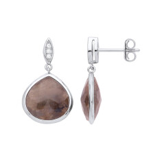 Jewelco London Ladies Rhodium Plated Sterling Silver Brown- Pear Quartz CZ Peapod Wide Pear Drop Earrings - GVE944