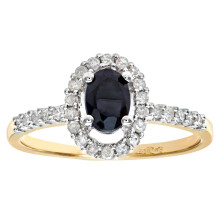 (L) Jewelco London 9ct Yellow Gold Round 23pts Diamond Oval 0.85ct Sapphire Classic Royal Oval Halo Cluster Ring - PR0AXL5647YSA