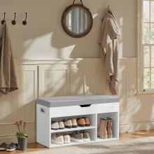 Storage Bench - Wood - White - Padded Seat with Hidden Chest and 2 Shelves, Supports 150 kg