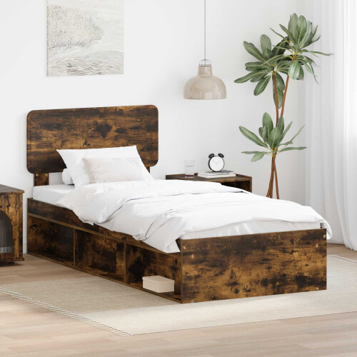 VidaXL vidaXL Bed Frame with Headboard Smoked Oak 90 x 200 cm Solid Pine Wood