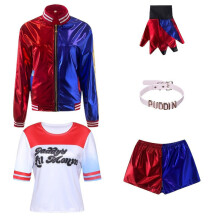 (A, S) Harley Quinn Cosplay Kostüm Suicide Squad Damen Rot Blau Bomberjacke Shorts Komplettset Halloween Party Outfit