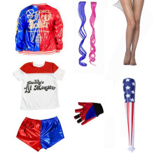 (B, 130) Harley Squad Mädchen Monster Shirt Quinns Kostüm Bedruckte Jacke Hemd Hose Handschuhe Suicide Quinn Cosplay Halloween Kostüm