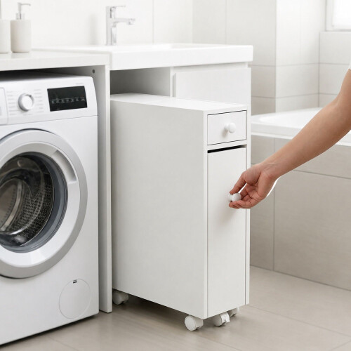 White Bathroom Storage Trolley with Pull-Out Drawer
