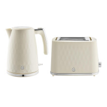 Swan Hexton Kitchen Set, 1.7L Rapid Boil Kettle and 2 Slice Toaster, Cream with Chrome Accents, SK19038CRM & ST19037CRM, EEJB387