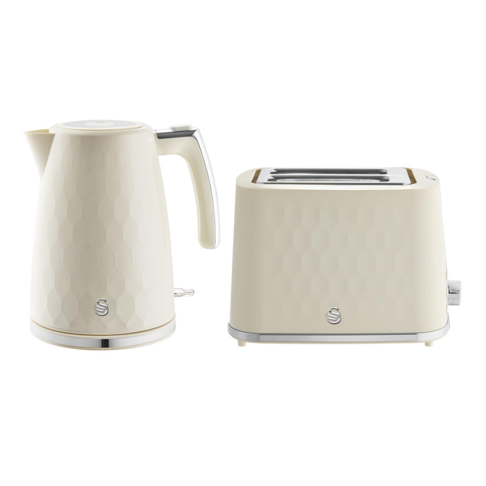 Swan Hexton Kitchen Set, 1.7L Rapid Boil Kettle And 2 Slice Toaster, Cream With Chrome Accents, Sk19038crm & St19037crm, Eejb387