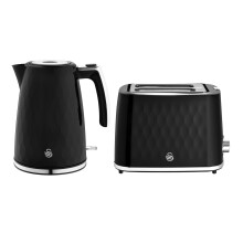Swan Hexton Kitchen Set, 1.7L Rapid Boil Kettle and 2 Slice Toaster, Black with Chrome Accents, SK19038BLK & ST19037BLK, EEJB389