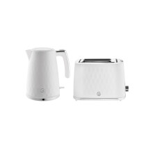 Swan Hexton Kitchen Set, 1.7L Rapid Boil Kettle and 2 Slice Toaster, White with Chrome Accents, SK19038WHT & ST19037WHT, EEJB388
