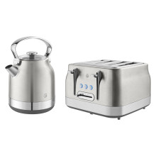 Swan Retro Kitchen Set, 1.7L Rapid Boil Kettle and 4 Slice Toaster, Stainless Steel, EEJB392