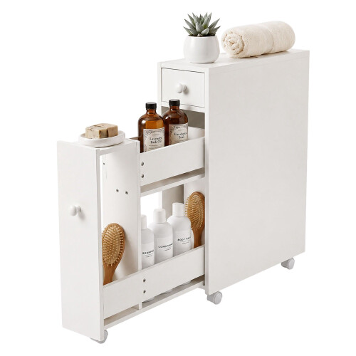 White Bathroom Storage Trolley with Pull-Out Drawer 1