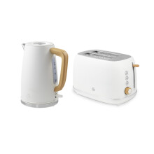 Swan Fjord Kitchen Set, 1.7L Rapid Boil Kettle and 2-Slice Toaster, White and Wooden Accents, EEJB338