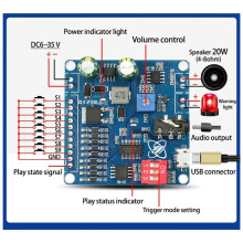Módulo Reproductor MP3 de Voz F20L de 12 V, 24 V, 10 W y 20 W, con Disparador A , Audio Personalizado, 32 MB de Almacenamiento y Placa de