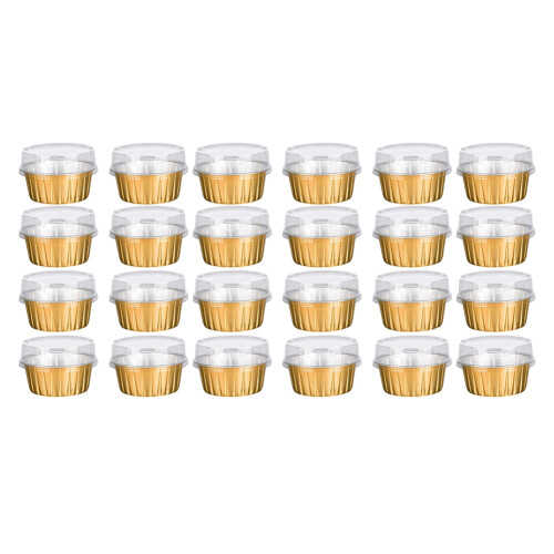 Dessert Cups with Lids, 50 Pack Gold Aluminum Foil Baking Cups Holders, Cupcake Bake Utility Ramekin Clear Pudding Cups