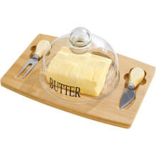 Beurrier carré avec couvercle en verre et base en bambou, compatible avec le bois, double couteau, compatible lave-vaisselle