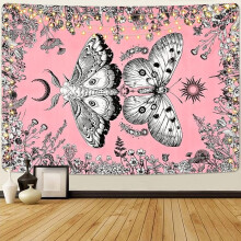 Tapisserie murale à motif papillon rose, plantes et fleurs, style bohème, avec papillon de nuit et lune. Décoration murale pour chambre ou dortoir.