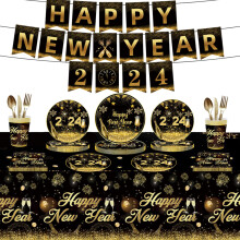 SUSUchens1Set Vajilla desechable2024Año Nuevo Platos Servilletas Vasos Mantel para Fiesta Celebración Decoraciones Estilo A