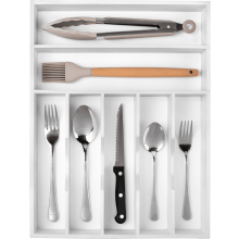 Organizador de cubiertos de cocina de madera de acacia, divisor ranurado extra profundo con 7 ranuras, organizador de utensilios compatible con