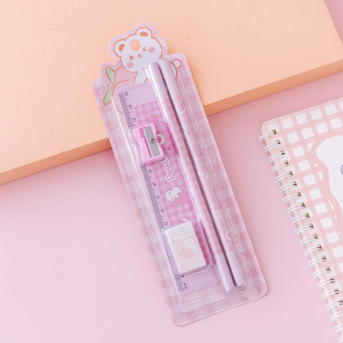Χαριτωμένο σετ χαρτικών μολυβιών με γόμα, χάρακα, ξύστρα - Σχολικά είδη δώρου για