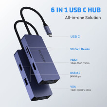 HOPDAY6-in-1 USB C -keskitin HDMI VGA -liittimeen, kahden näytön telakka, jossa HDMI+VGA+USB+SD+TF-liitäntä MacBook Airille/Prolle, yhteensopiva
