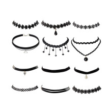 Chokerset, 12 stuks zwarte fluwelen choker kettingen, klassieke gotische tattoo kanten chokers.