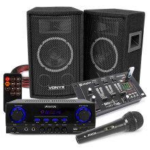 Vonyx SL6 Speakers with AV440 Bluetooth Mixer & Microphone - DJ System