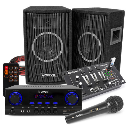 Vonyx SL6 Speakers with AV440 Bluetooth Mixer & Microphone - DJ System