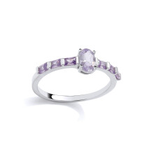 (P) Jewelco London Rhodium Plated Sterling Silver Lilac Oval & Radiant CZ Purple Rain Eternity Solitaire Engagement Ring - GSR1077